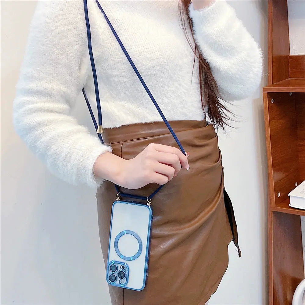 Person holding a phone case with a blue strap against a neutral background