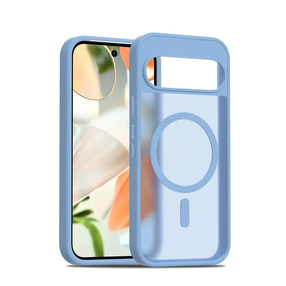 Blue phone case with a clear back and design on a white background