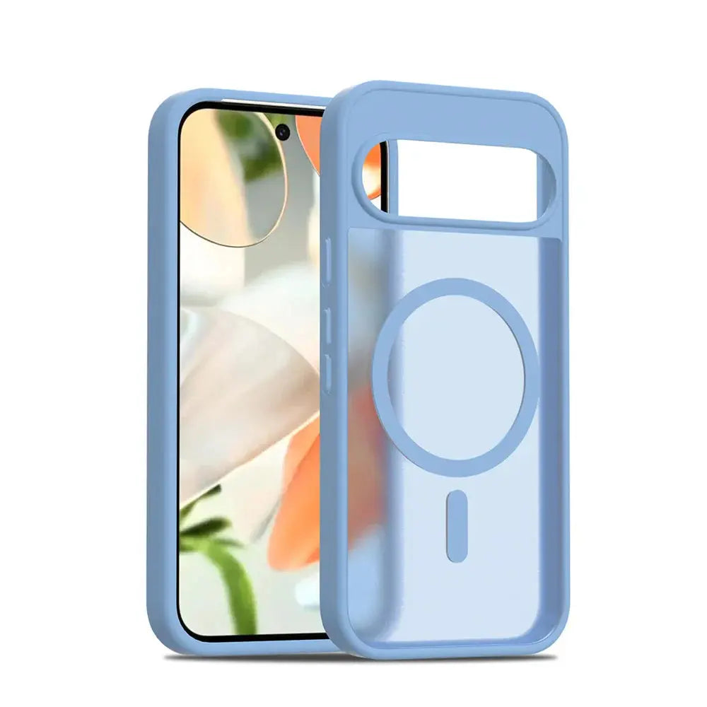 Blue phone case with a clear back and design on a white background