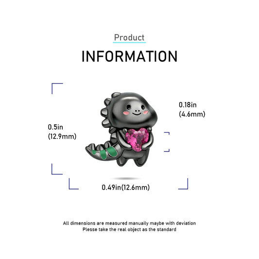 Product information graphic with a small dinosaur figurine holding a pink heart, showing dimensions. pandora style charm pendant