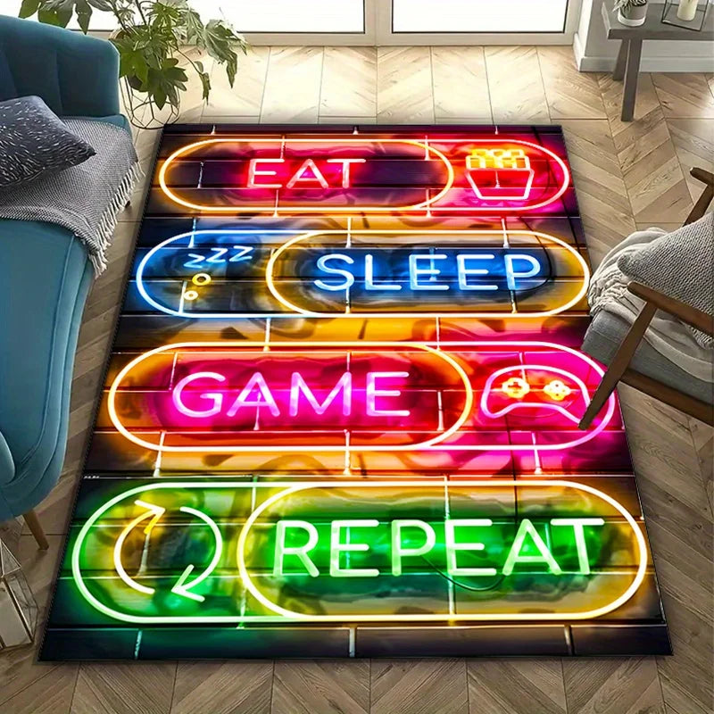 Neon-style rug with motivational phrases in a living room setting