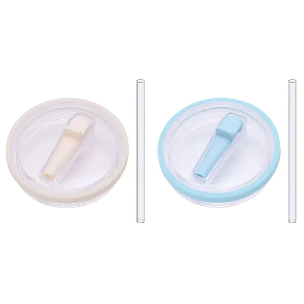 Beige and light blue flip straw lids with straws, reusable 40 oz tumbler lid replacements compatible with Stanley Quencher