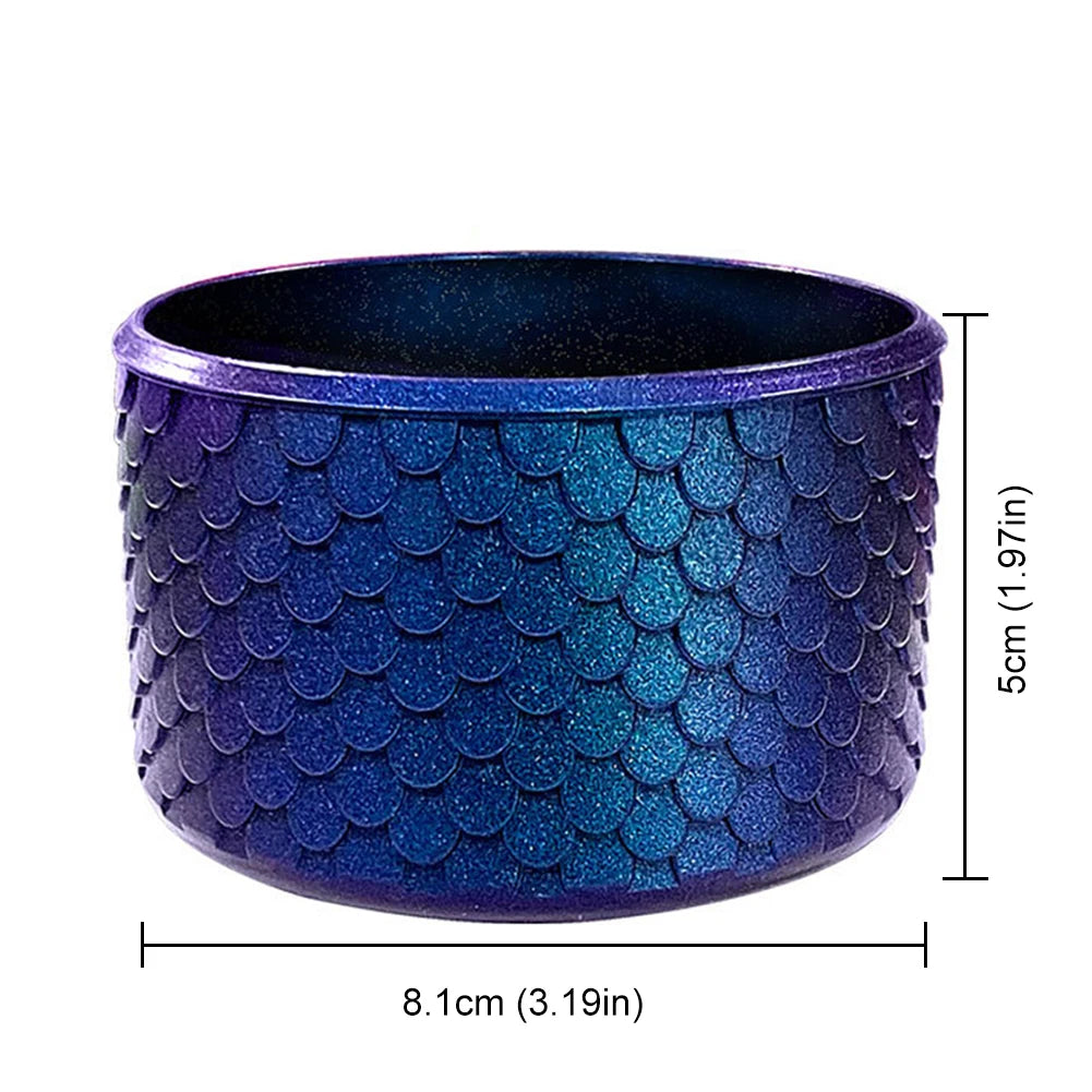 Stanley Blue glittery container with dimensions on a white background
