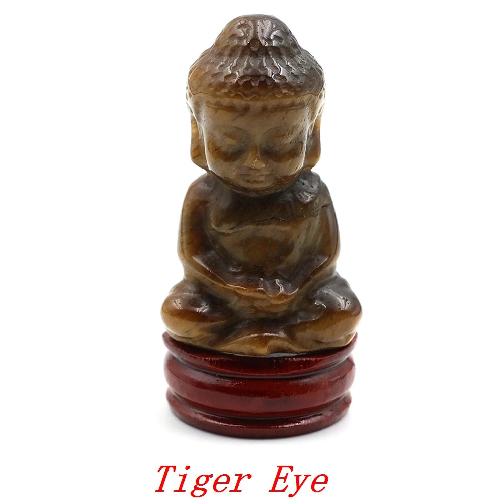 Brown stone Buddha figurine on a red stand with 'Tiger Eye' text