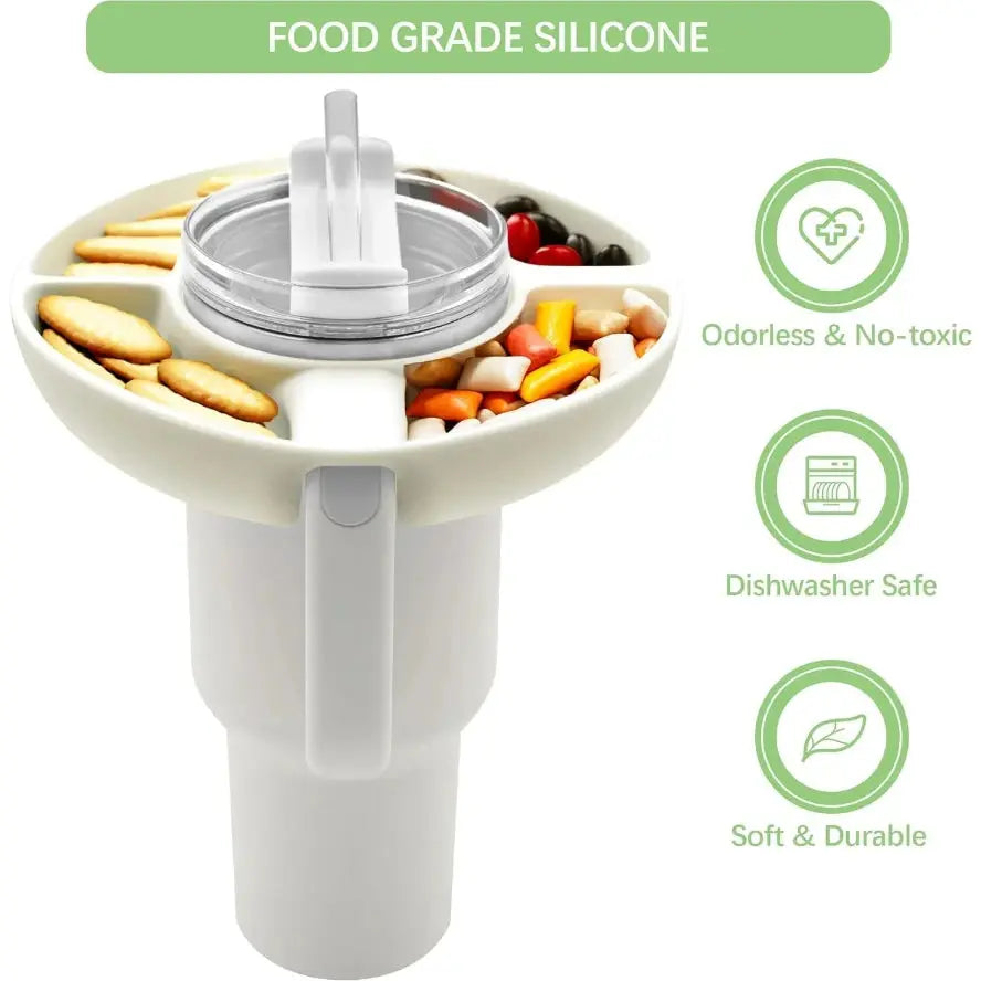 Stanley cup tray White silicone food storage container with food-grade material label and features on a white background