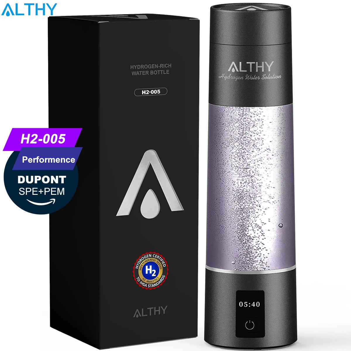 Althy hydrogen-rich water bottle with packaging on a white background
