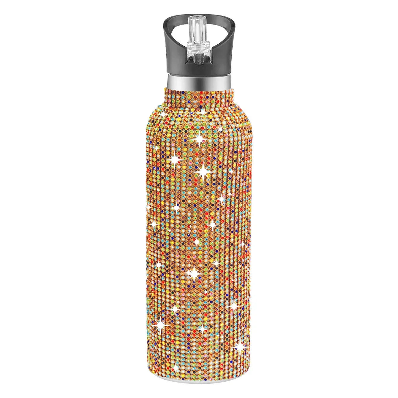 Multicolored beaded water bottle with a silver cap on a white background