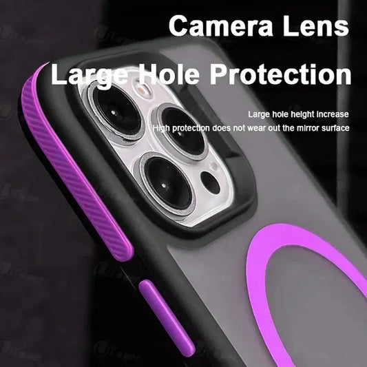 Phone case with camera lens protection feature on a dark background