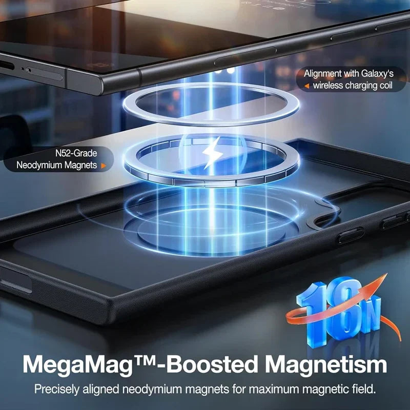 Smartphone with a magnetic case on a reflective surface, highlighting 'MegaMag™-Boosted Magnetism' technology.