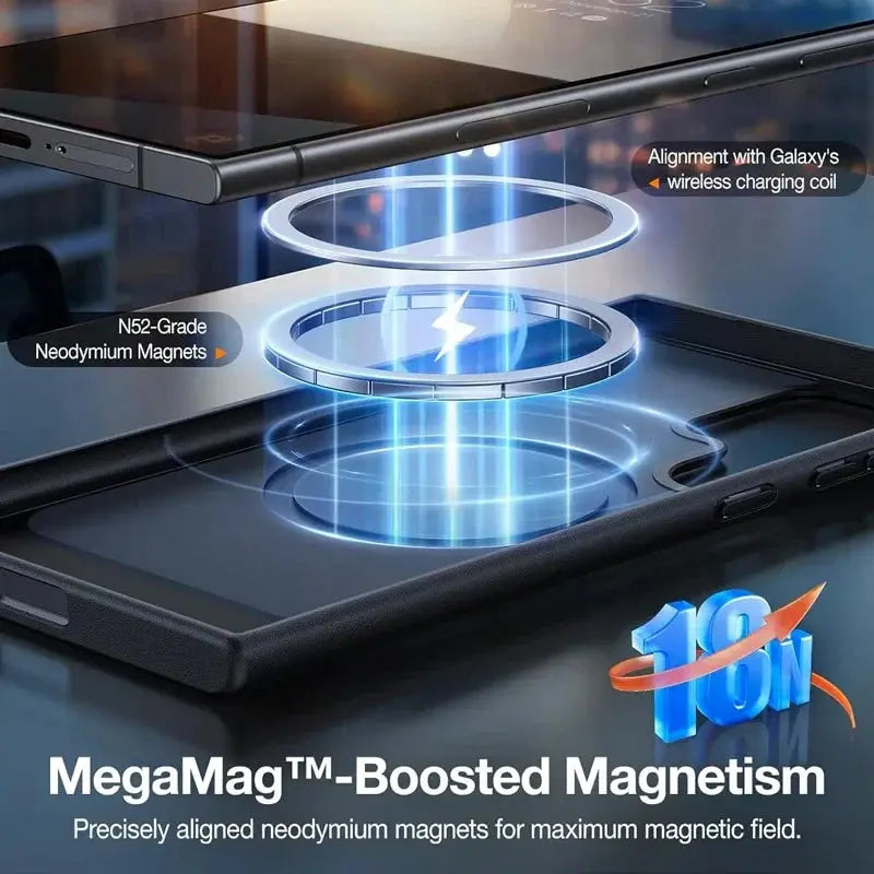 Smartphone with a magnetic case on a reflective surface, highlighting 'MegaMag™-Boosted Magnetism' technology.