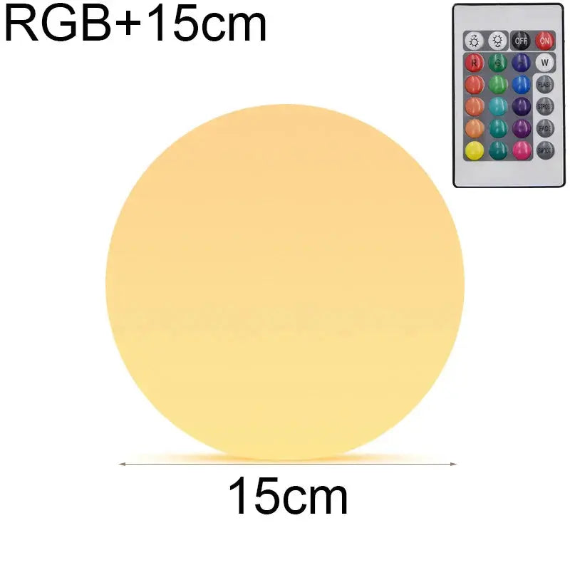 Round light with RGB+15cm text and remote control on a white background