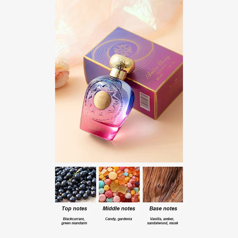 Perfume bottle with colorful label and gold cap, next to a box, on a light background.