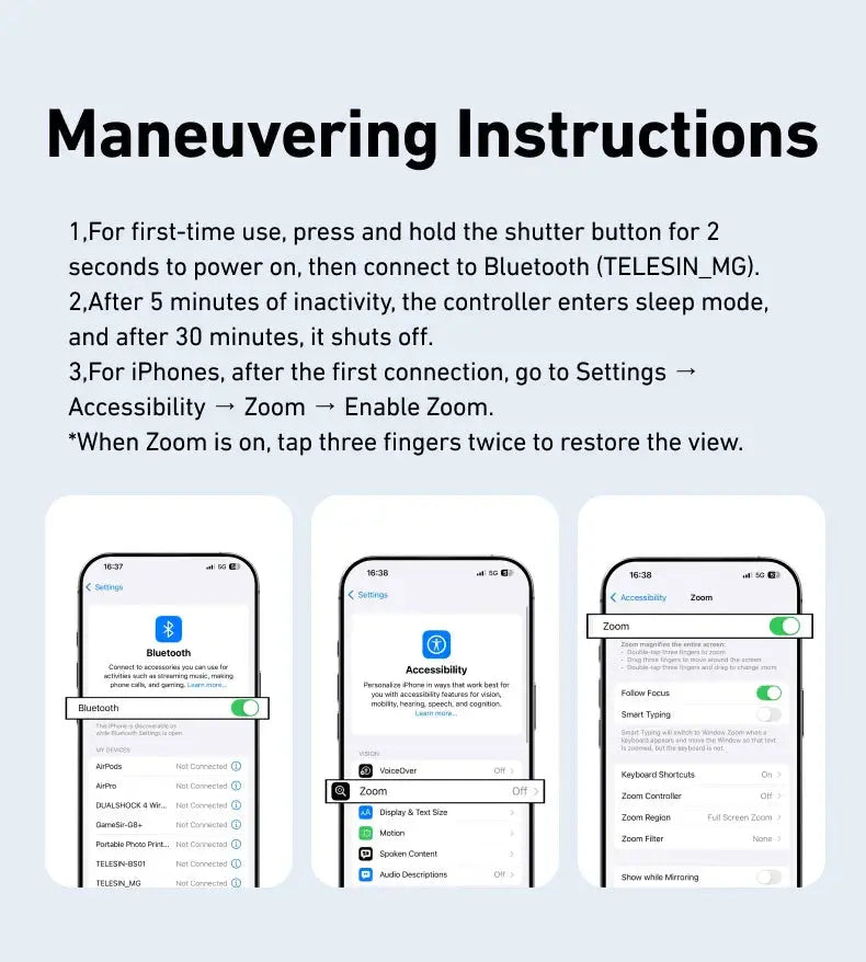 Instructions for using a controller with smartphone screens showing Bluetooth and accessibility settings.