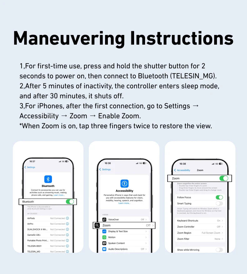 Instructions for using a device with smartphone screenshots on a light blue background
