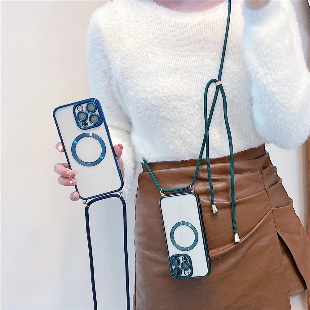 Person holding a phone case with a strap against a plain background