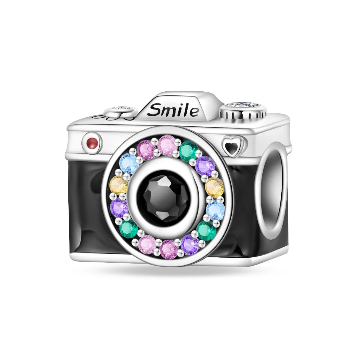 Camera-shaped charm with colorful gemstones and 'Smile' text on a white backgroundpandora style charm pendant. Gothic style, halloween theme