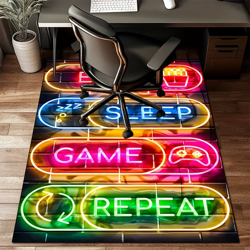 Neon sign-style rug with gaming-themed text in a room with a desk and chair.