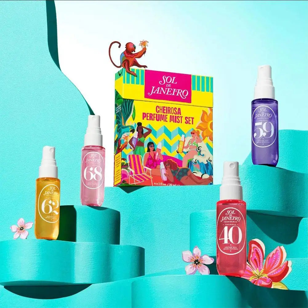 Collection of Sol de Janeiro perfume mist bottles and packaging on a colorful background