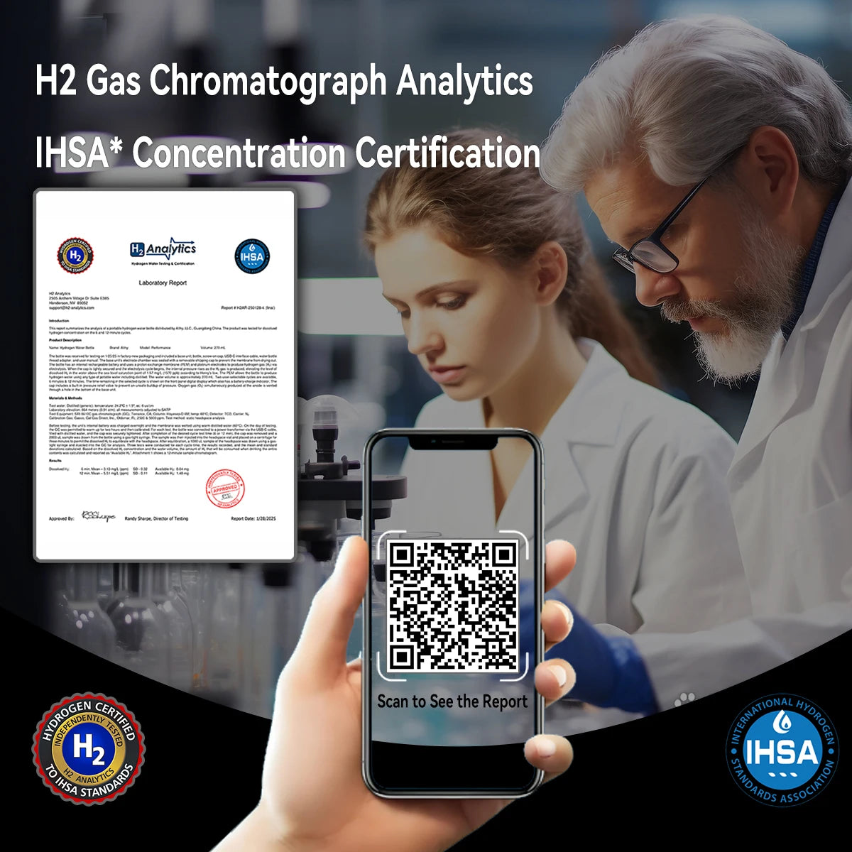 Two scientists looking at a phone with a QR code, surrounded by H2 gas chromatograph analytics and certification text.