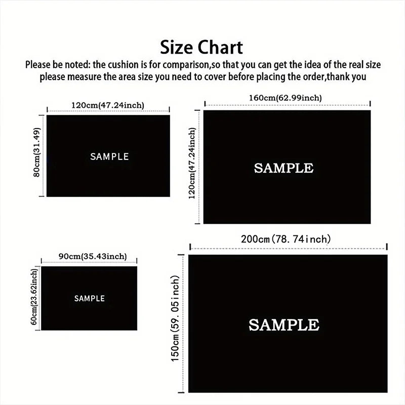 Size chart with black rectangles and measurements in centimeters and inches.