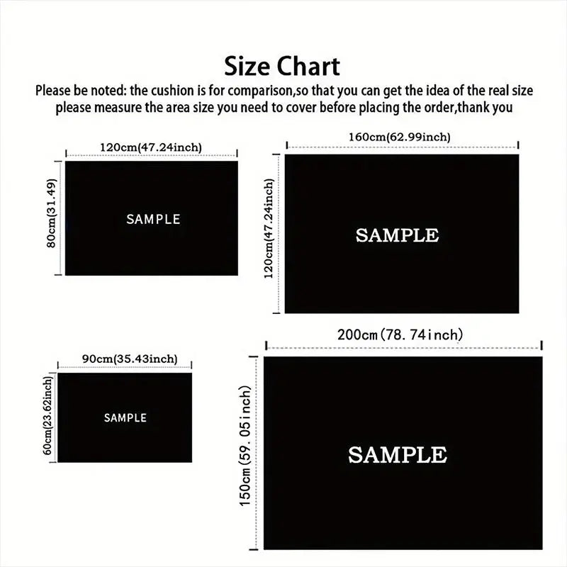 Size chart with black rectangles and measurements in centimeters and inches.