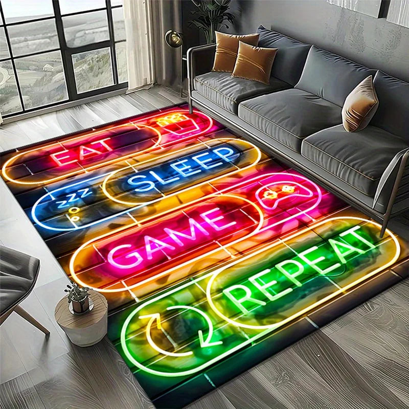 Neon-style rug with 'EAT', 'SLEEP', 'GAME', 'REPEAT' text in a living room setting.