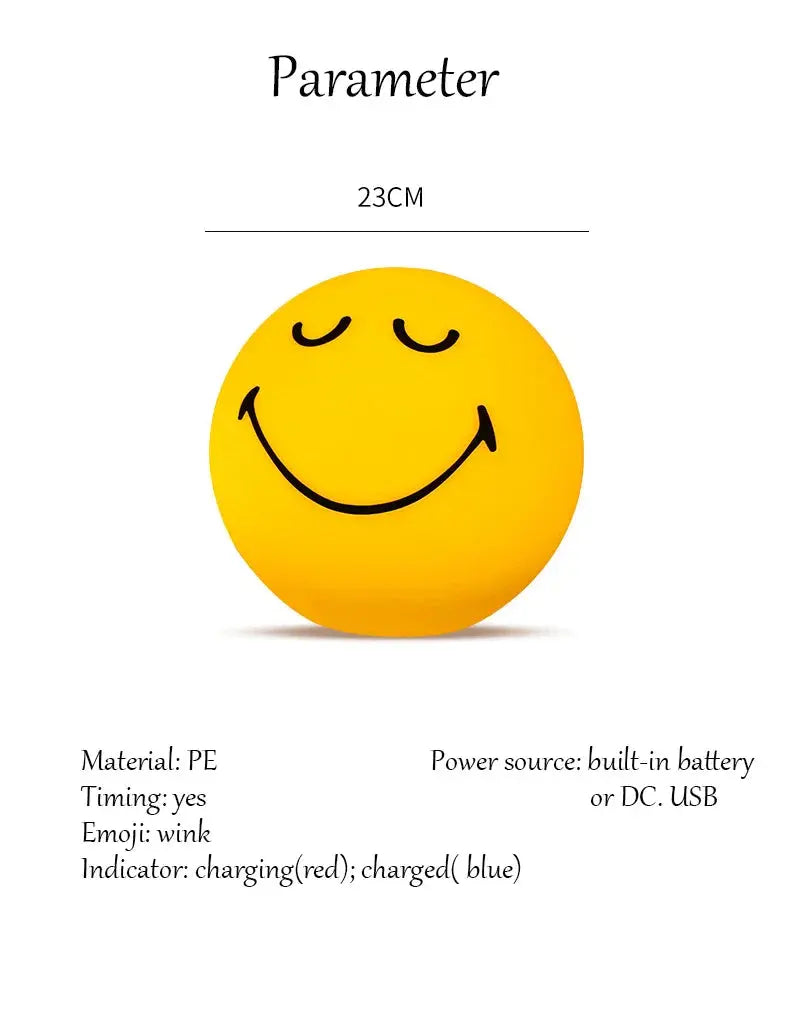 Yellow smiley face ball with product details on a white background