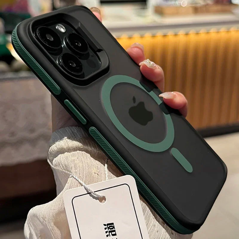 Phone case with Apple logo held by a person, blurred background