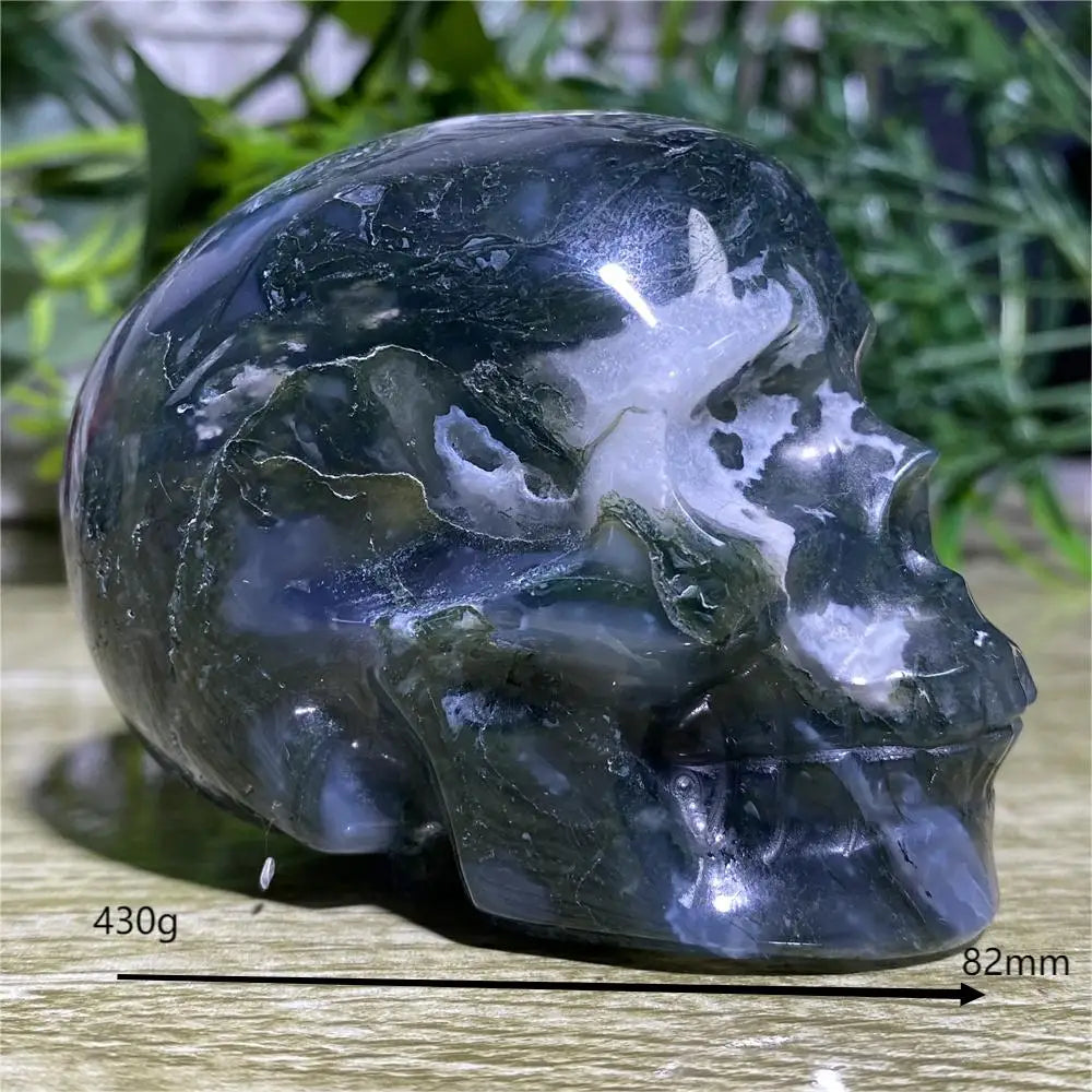 Crystal skull with measurements on a wooden surface and green leaves in the background