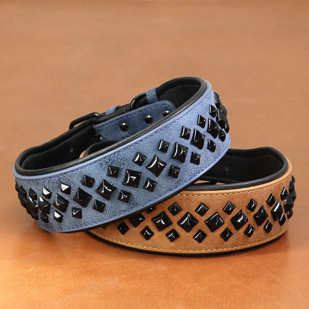 Two dog collars with black studs on a brown background