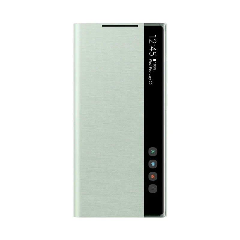 Smart phone case with display and control buttons on a white background