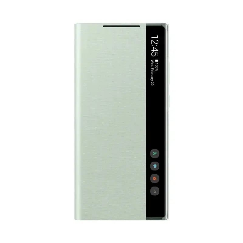 Smart phone case with display and control buttons on a white background