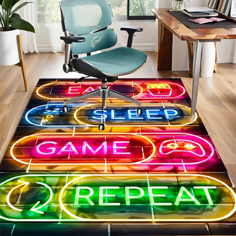 Colorful gaming-themed rug with text in a home office setting