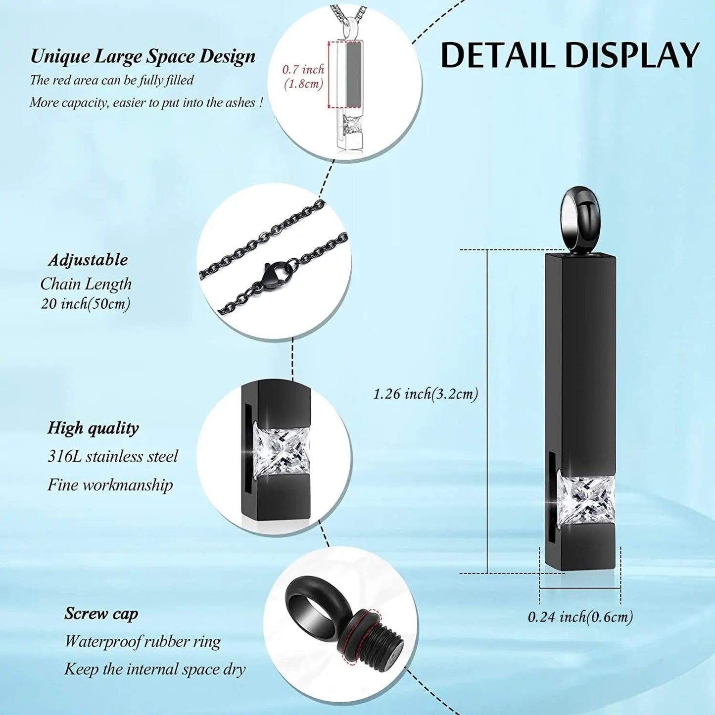 Zircon Cremation Urn Jewelry Cube Memorial Ashes Necklace Pendant