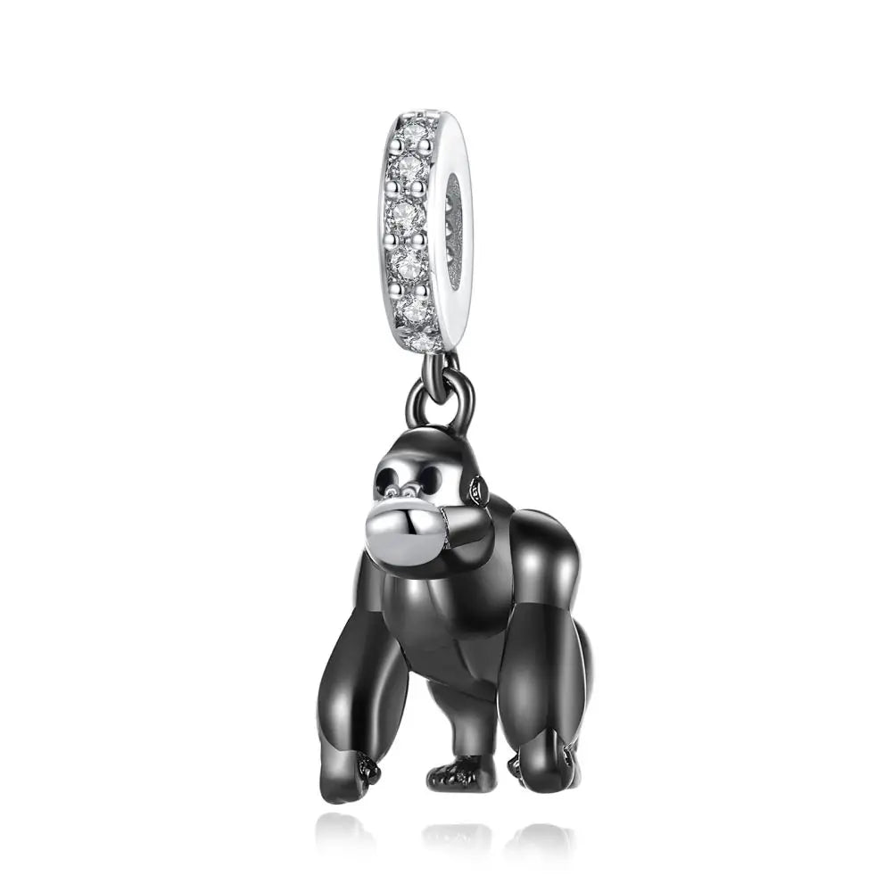 Gorilla charm with a silver hoop on a white background. pandora style charm pendant. animal lovers, king kong.