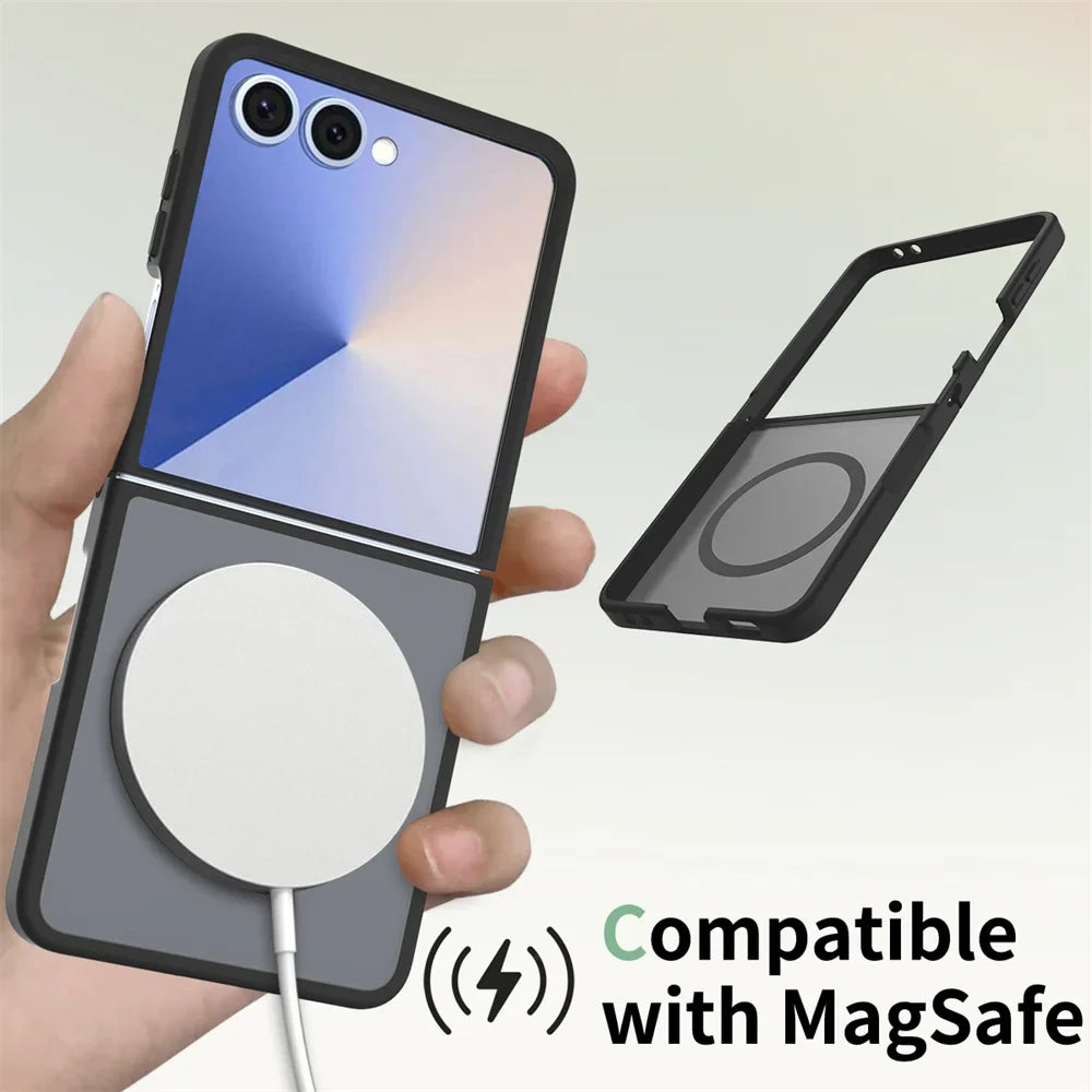 Phone case with magnetic charging pad held by a hand, showing compatibility with MagSafe.