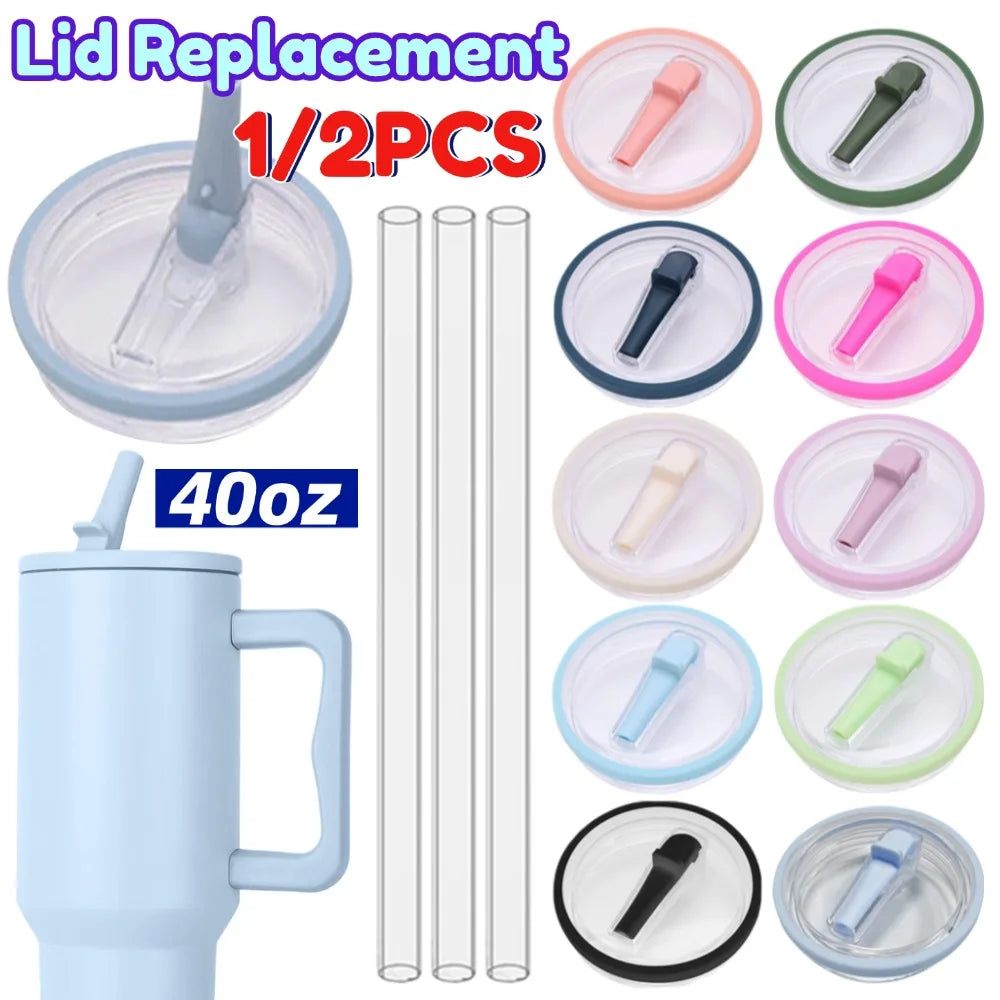 1 or 2 Pack 40 oz Tumbler Flip Straw Lid Reusable Replacement fit for Stanley Quencher Spill Proof in assorted colors with clear straws