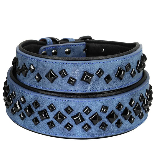 Blue leather dog collar with black studs on a white background