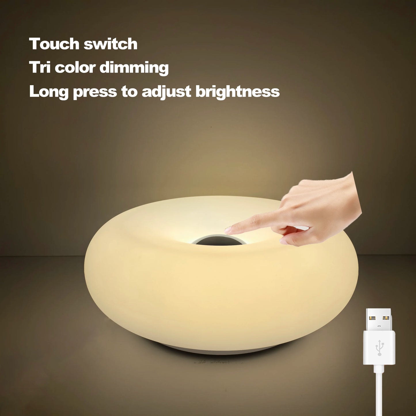 Round light fixture with touch switch on a dark background
