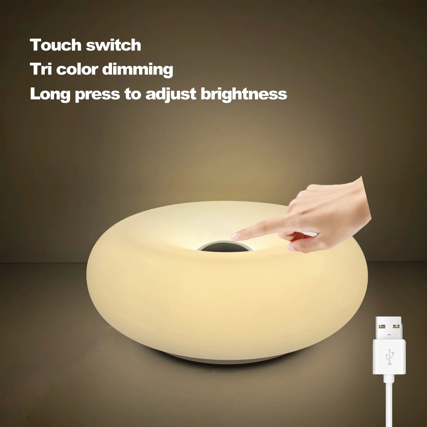 Round light fixture with touch switch on a dark background