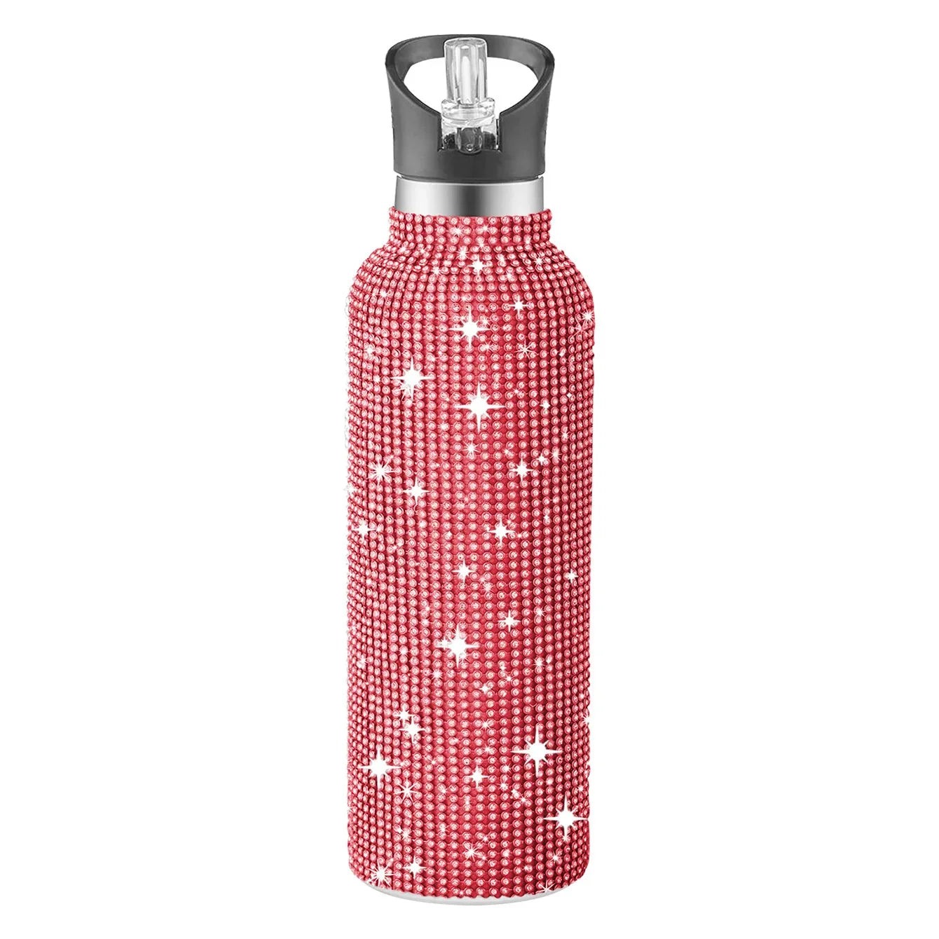 Red water bottle with star pattern on a white background