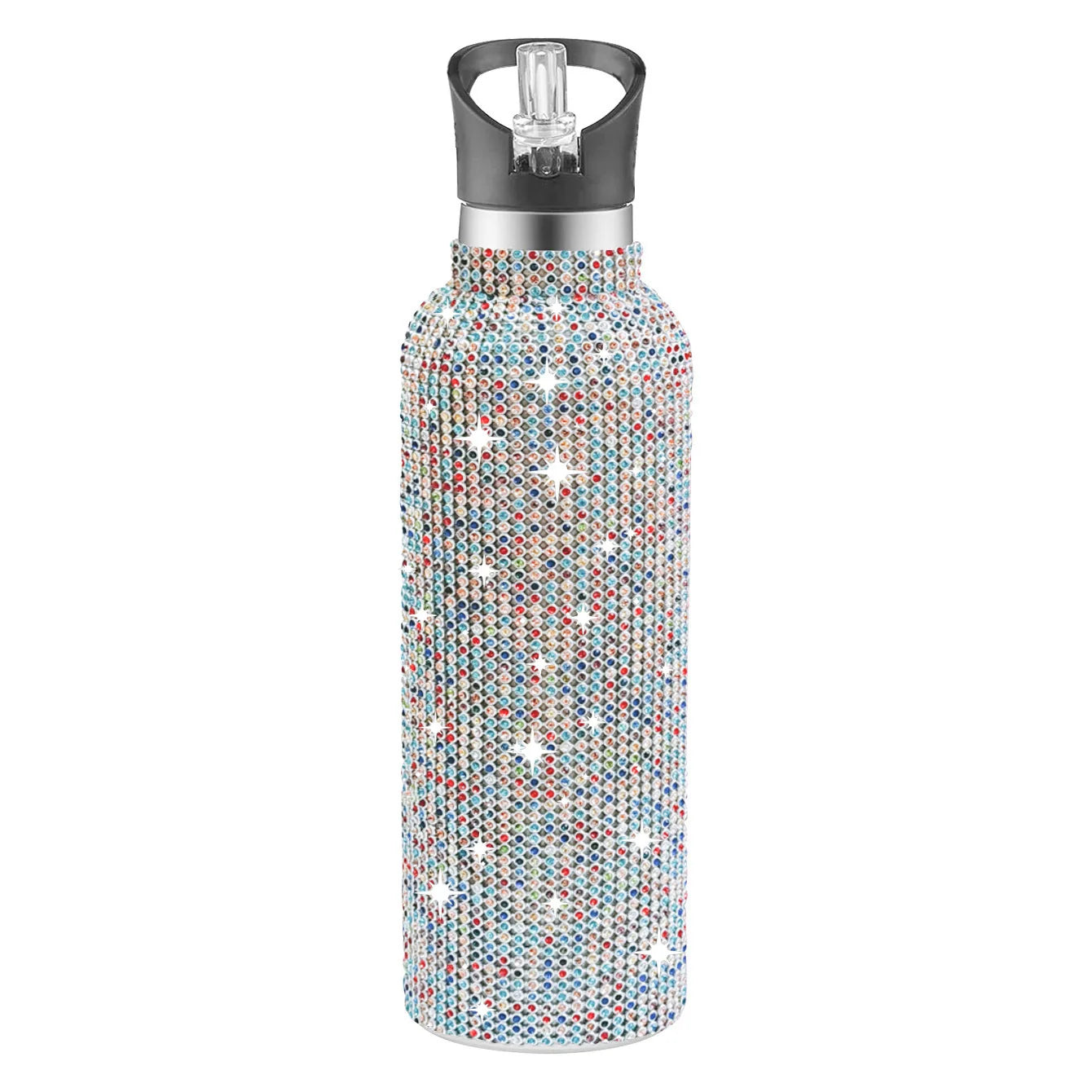 Multicolored glittery water bottle with a black cap on a white background
