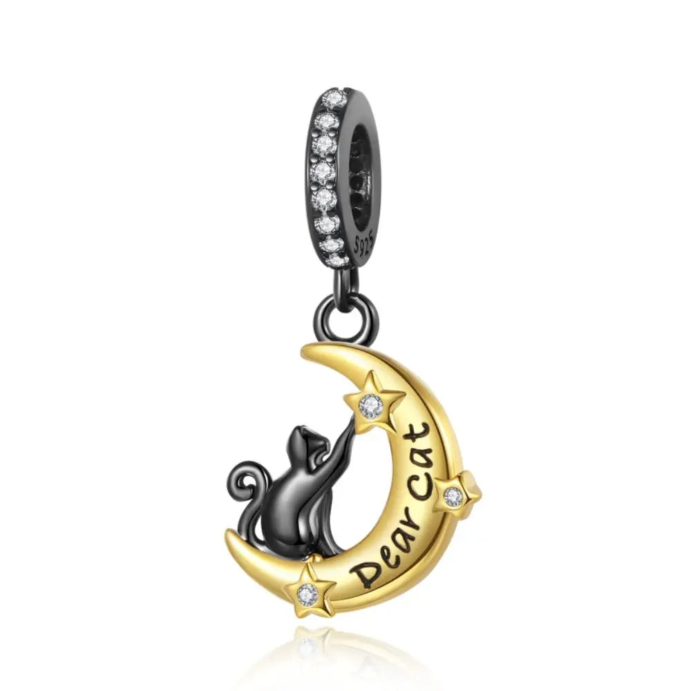 Pendant with a cat on a moon, 'Dear Cat' text, and diamond accents on a white background. pandora style charm pendant. Gothic style, halloween theme
