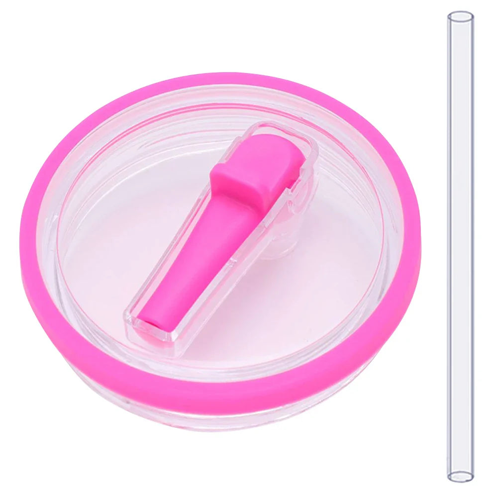 Bright pink flip straw lid with matching straw, reusable 40 oz tumbler lid replacement for Stanley Quencher
