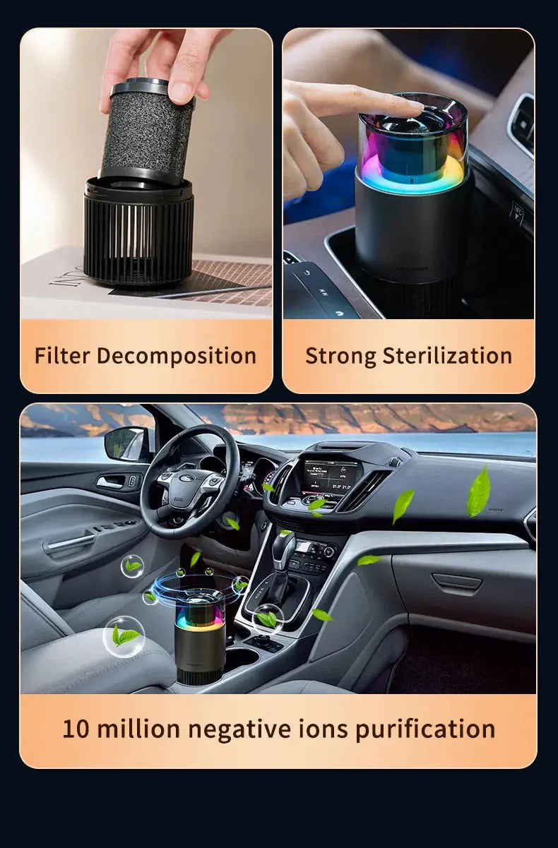 Car Air Purifier with Negative Ions Purifying, LED RGB Light, Vehicle Air Freshener for Oddor PM2.5, USB Powered Pure Ember
