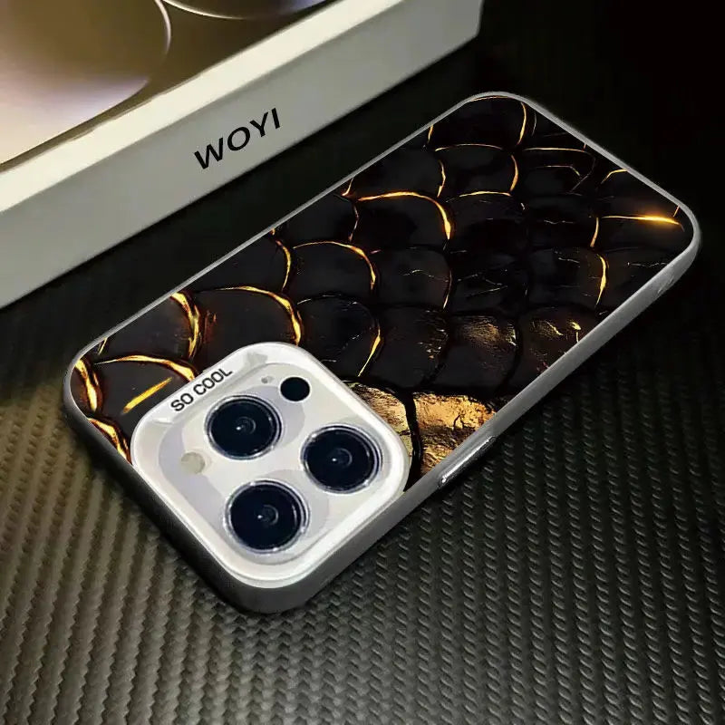 Phone case with floral design and 'WOYI' branding on a textured surface