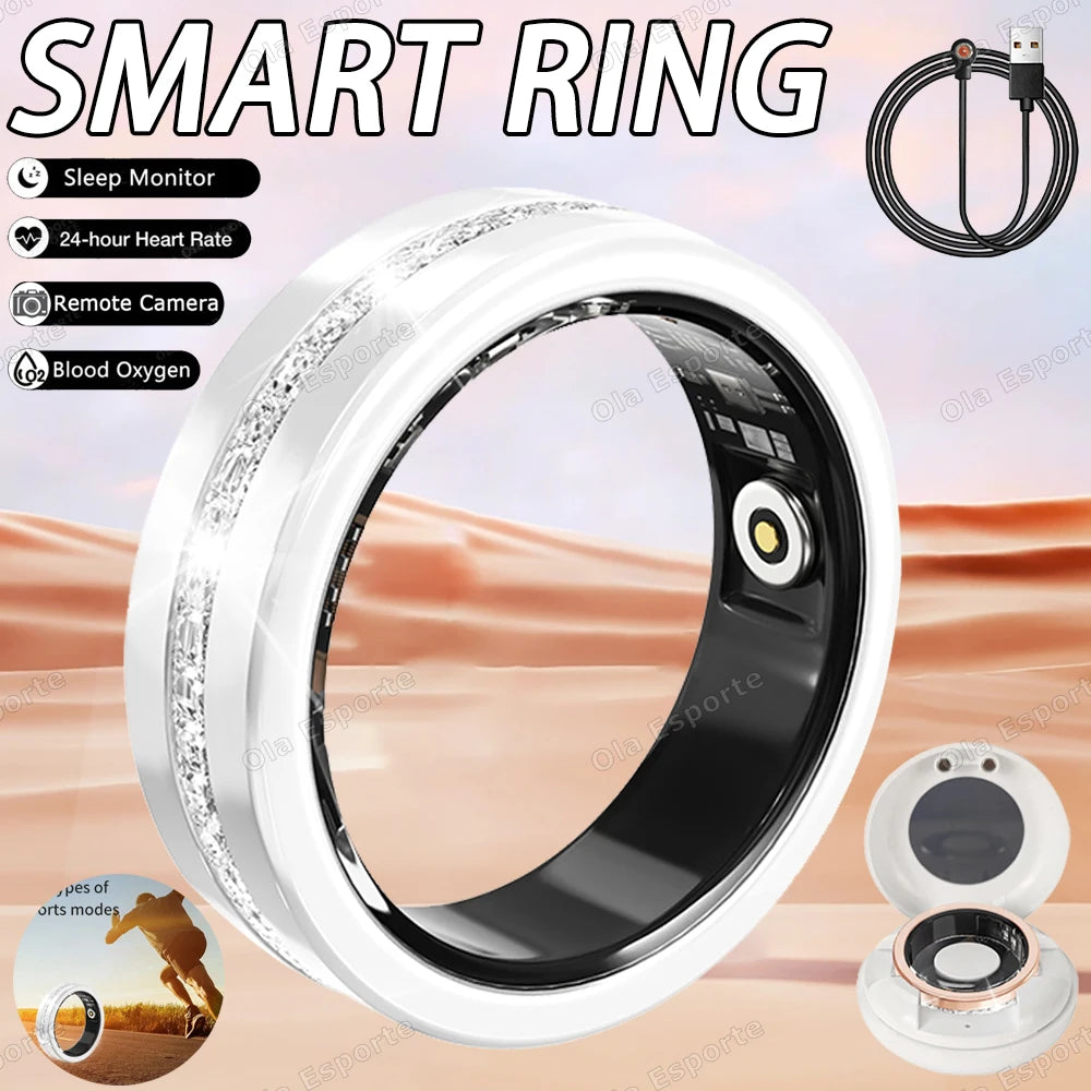 Smart ring with various health monitoring features on a gradient background. oura ring