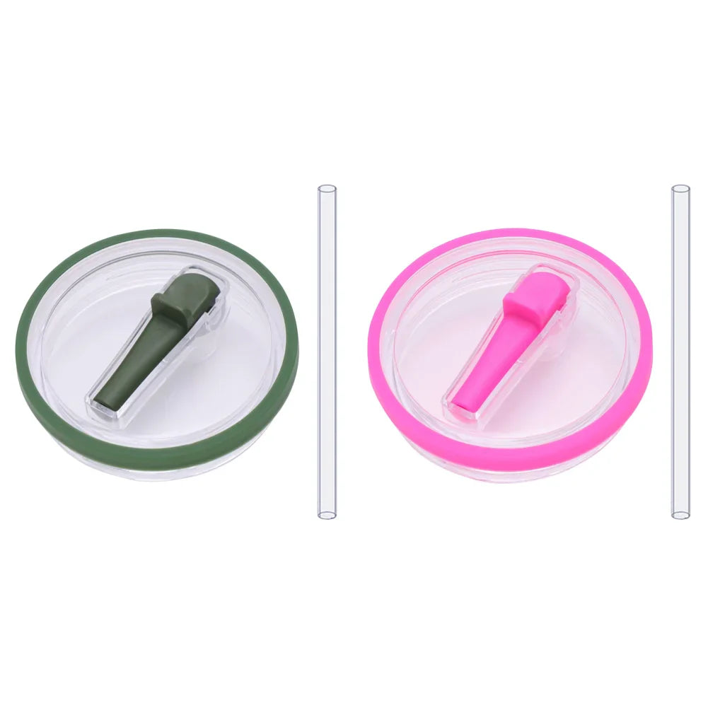 Dark green and pink flip straw lids with straws, reusable 40 oz tumbler lid replacements compatible with Stanley Quencher