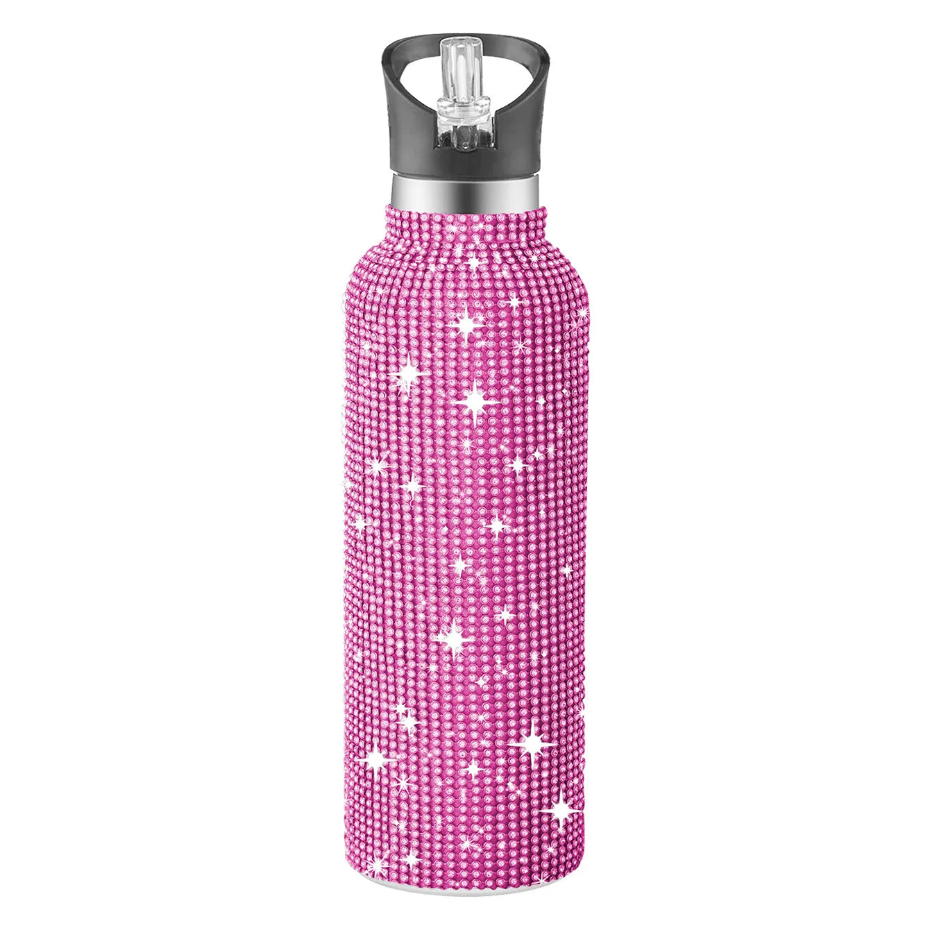 Pink water bottle with star pattern on a white background