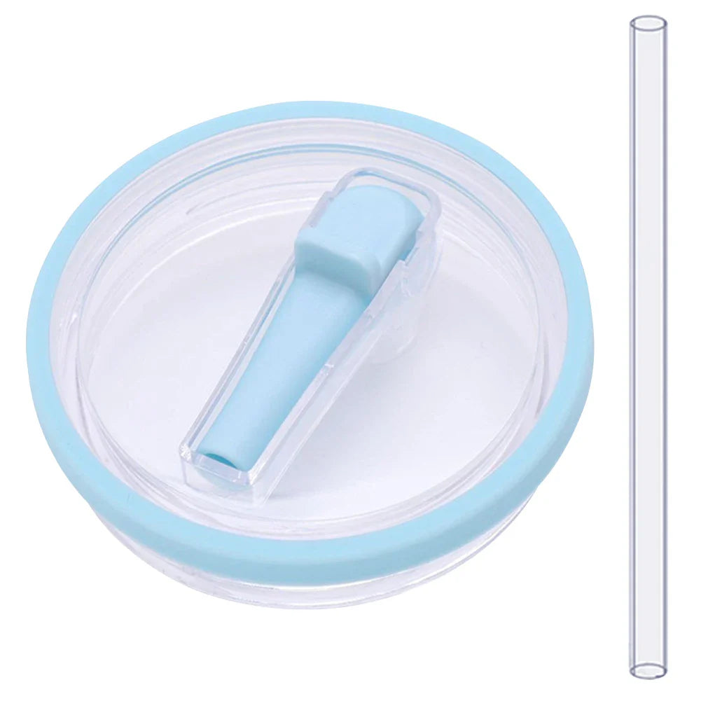 Light blue flip straw lid with matching straw, reusable and spill proof 40 oz tumbler lid replacement for Stanley Quencher